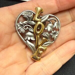Vintage CAMCO Love Heart Floral Pin‎ Brooch Mixed Metal Silver Gold Tone